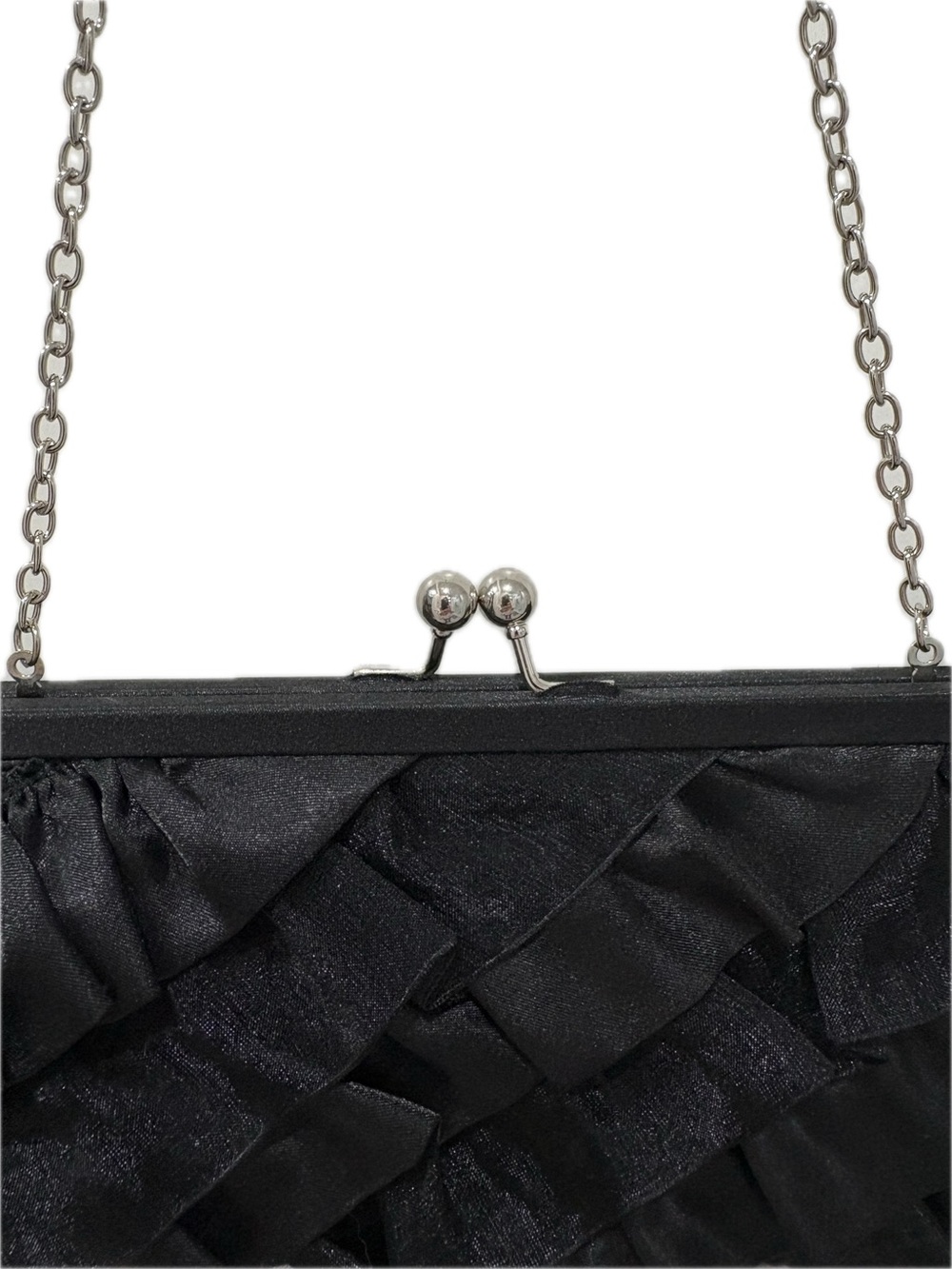 White House Black Market Black Satin Ruffle Clutch Evening Bag, Silver Chain - Picture 2 of 7